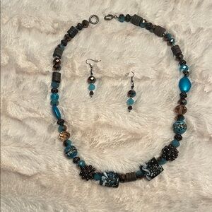 Handcrafted Teal and Brown Beaded Necklace & Earrings Set